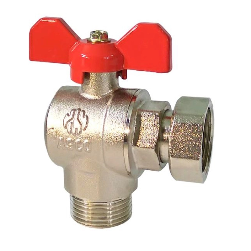 Шаровой кран с накидной гайкой Asco 1/2" НВ угловой, латунь (NP-VURB11)