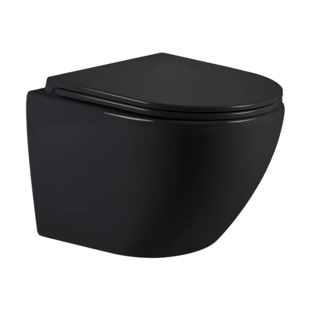 Подвесной унитаз Qtap Jay Ultra Quiet 485х360 овальный, с сиденьем Slim Duroplast, черный матовый (QT07335177MB)