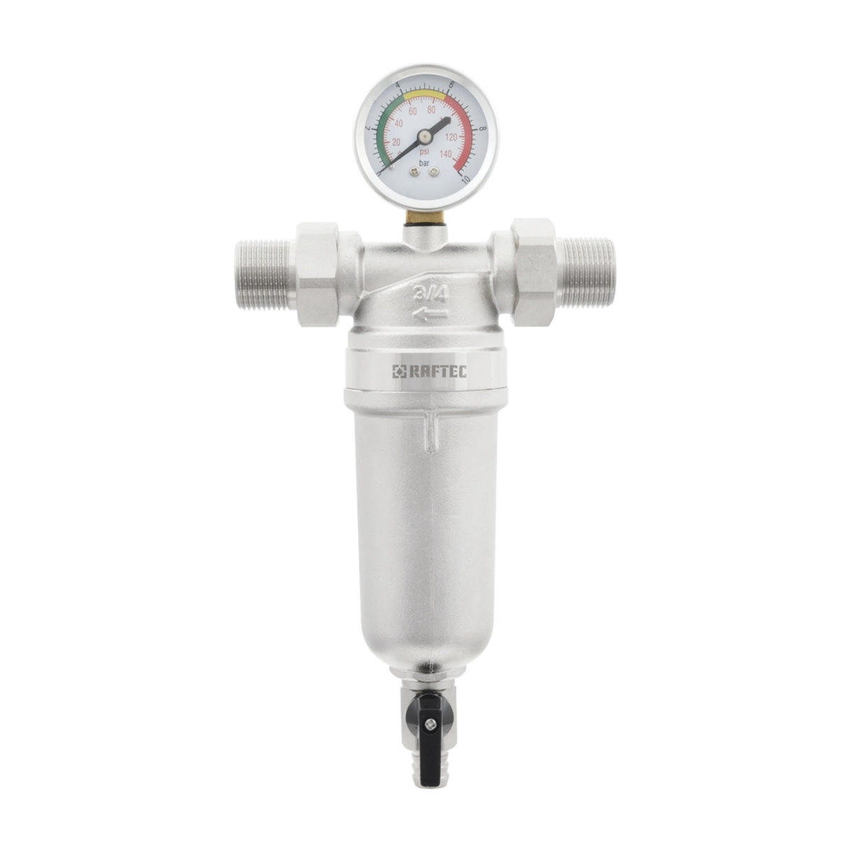 Фильтр самопромывной Raftec 3/4" с манометром (RMHF02) Фильтр самопромывной Raftec 3/4" с манометром (RMHF02)