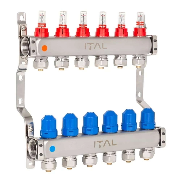 Коллектор теплого пола ITAL 1″x3/4″ 6 выходов, с расходо ...