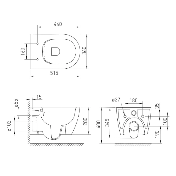 Подвесной унитаз Imprese CANTE Rimless 510x355 округлый, ...