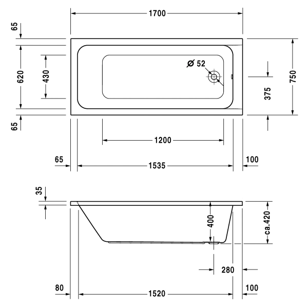 Ванна врезная Duravit D-Code 170x75 акриловая, белая гля ...