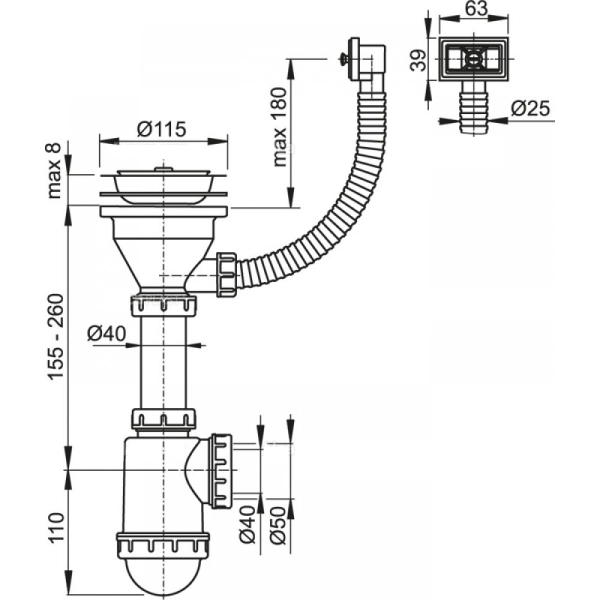 Сифон для мойки AlcaPlast пластик, белый (A447-DN50/40)