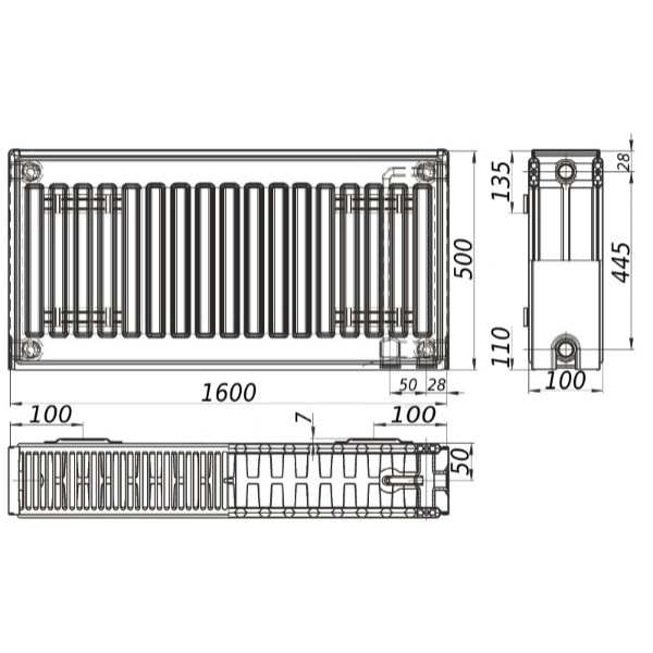 Стальной радиатор KALITE 500x1600 тип 22, нижнее подключ ...