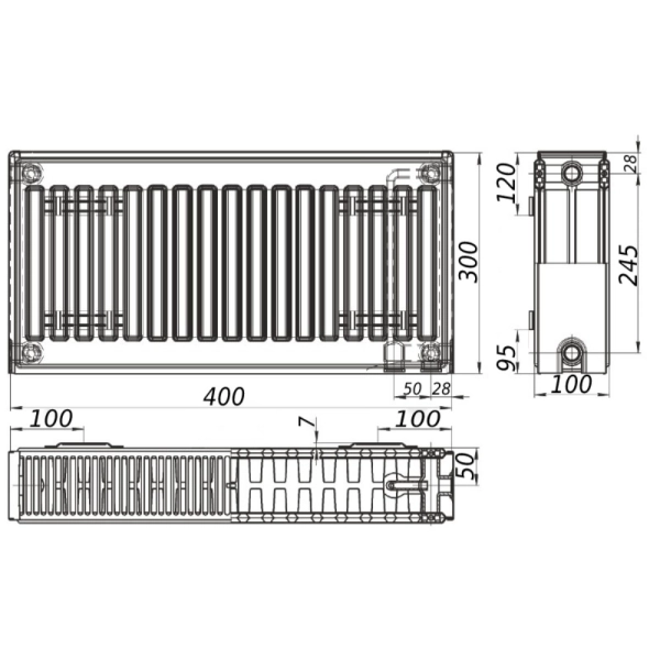 Стальной радиатор KALITE 300x400 тип 22, нижнее подключе ...