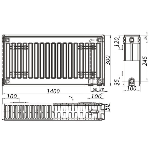 Стальной радиатор KALITE 300x1400 тип 22, нижнее подключ ...