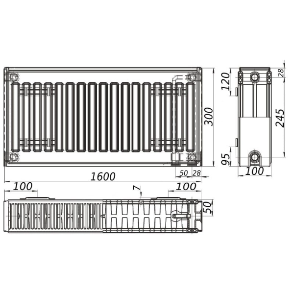 Стальной радиатор KALITE 300x1600 тип 22, нижнее подключ ...
