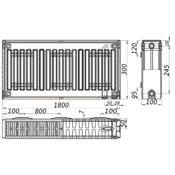 Стальной радиатор KALITE 300x1800 тип 22, нижнее подключ ...