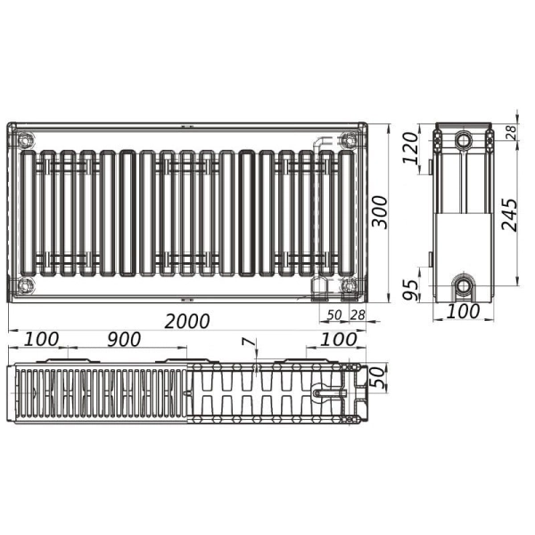 Стальной радиатор KALITE 300x2000 тип 22, нижнее подключ ...