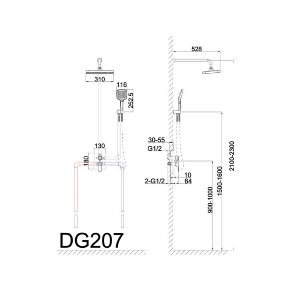 Душевая система AIM DG207 скрытого монтажа, латунь, граф ...