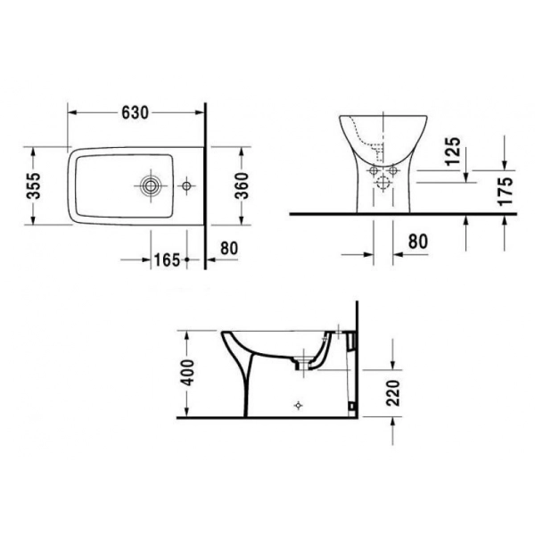 Биде напольное Duravit PURAVIDA 630x360 прямоугольное, б ...