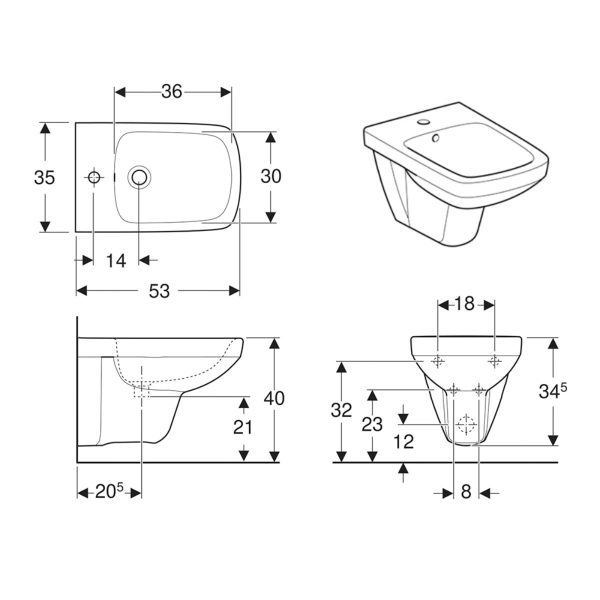 Биде подвесное Geberit SELNOVA SQUARE 530x350 прямоуголь ...