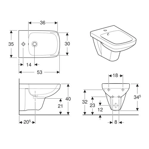 Биде подвесное Geberit Selnova 530x350 прямоугольное, бе ...